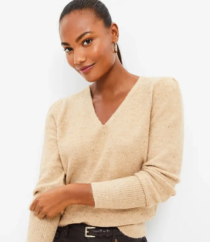 Sparkle Puff Sleeve V-Neck Sweater