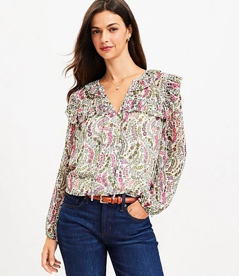 Petite Floral Ruffle Tie Neck Blouse