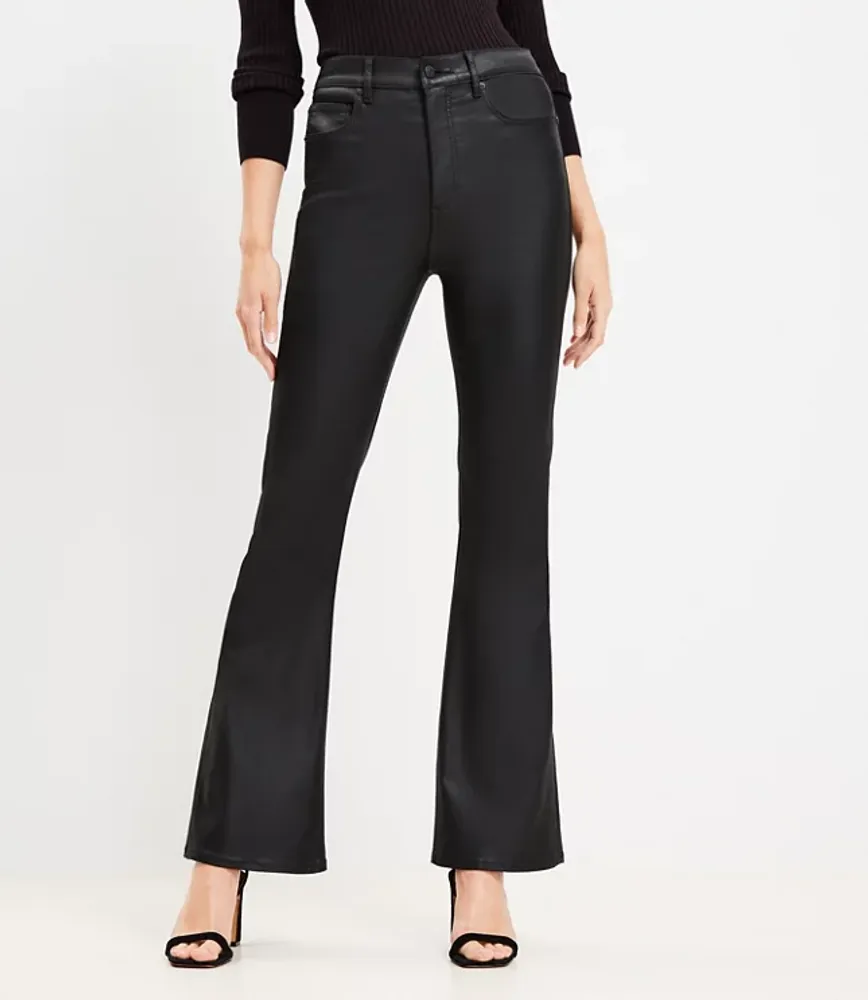 Petite black coated high waisted flared jeans