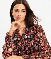 Petite Paisley Smocked Ruffle Button Blouse