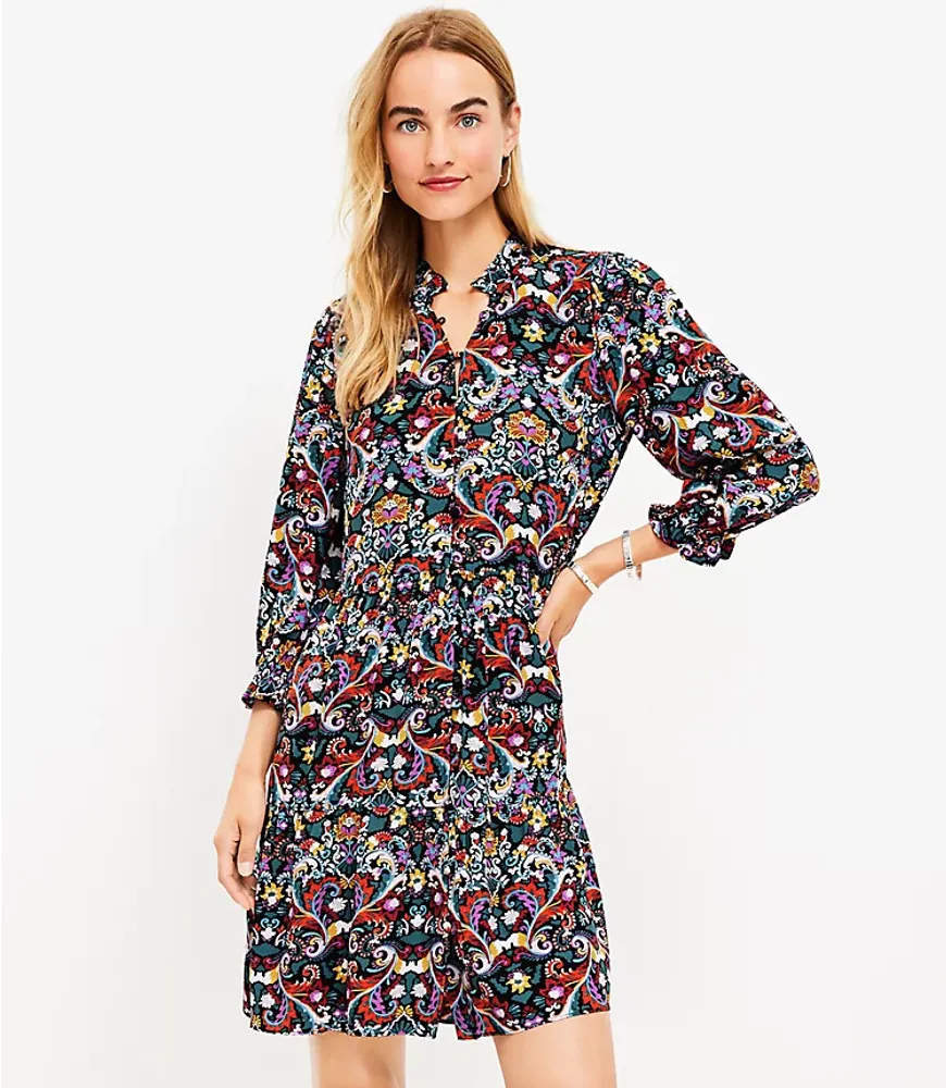 LOFT Petite Border Floral Ruffle V-Neck Swing Dress