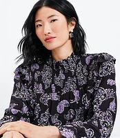 Petite Paisley Smocked Ruffle Mock Neck Blouse