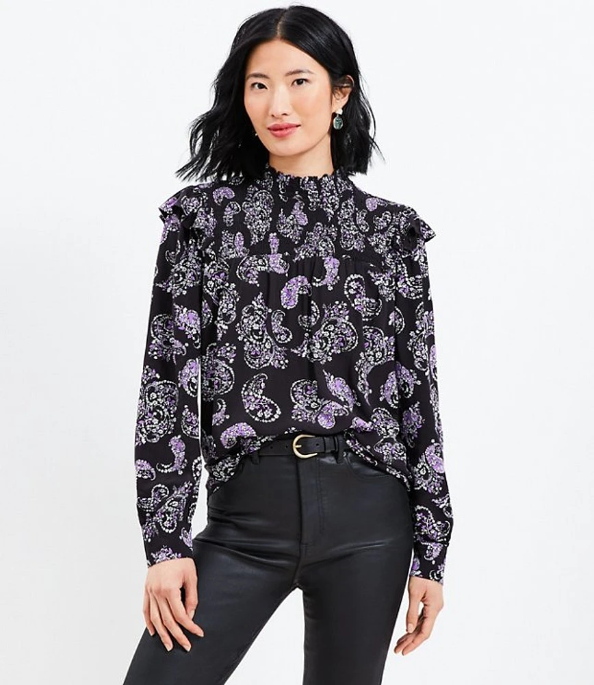 Petite Paisley Smocked Ruffle Mock Neck Blouse