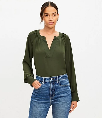 Petite Wide Split Neck Mixed Media Blouse