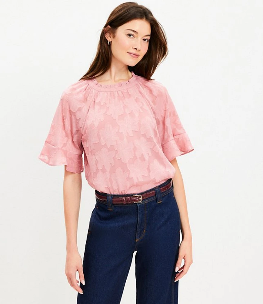 Petite Floral Jacquard Ruffle Trim Blouse