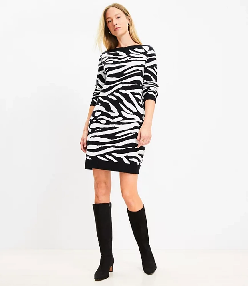 Zebra Print Boatneck Ribtrim Flare Sleeve Sweater Dress