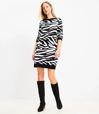 Zebra Print Boatneck Ribtrim Flare Sleeve Sweater Dress