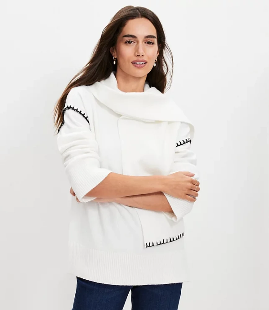 Stitched Trim Removable Scarf Sweater