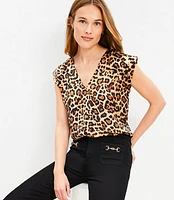 Petite Leopard Print Satin Cap Sleeve V-Neck Top