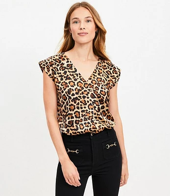 Petite Leopard Print Satin Cap Sleeve V-Neck Top