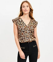 Petite Leopard Print Satin Cap Sleeve V-Neck Top