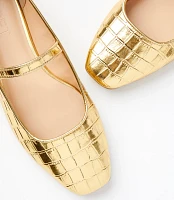 Metallic Embossed Buckle Strap Ballet Flats