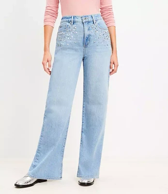 Petite Curvy Sparkle High Rise Wide Leg Jeans in Light Wash Indigo