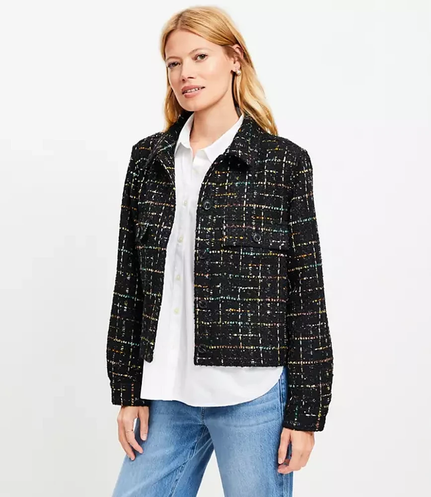 Petite Sequin Tweed Cropped Shirt Jacket