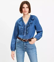 Chambray V-Neck Ruffle Shirt