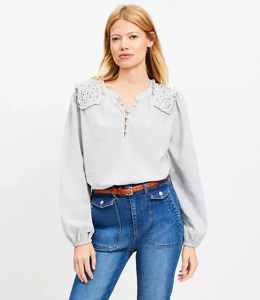 Lace Shoulder Henley Blouse