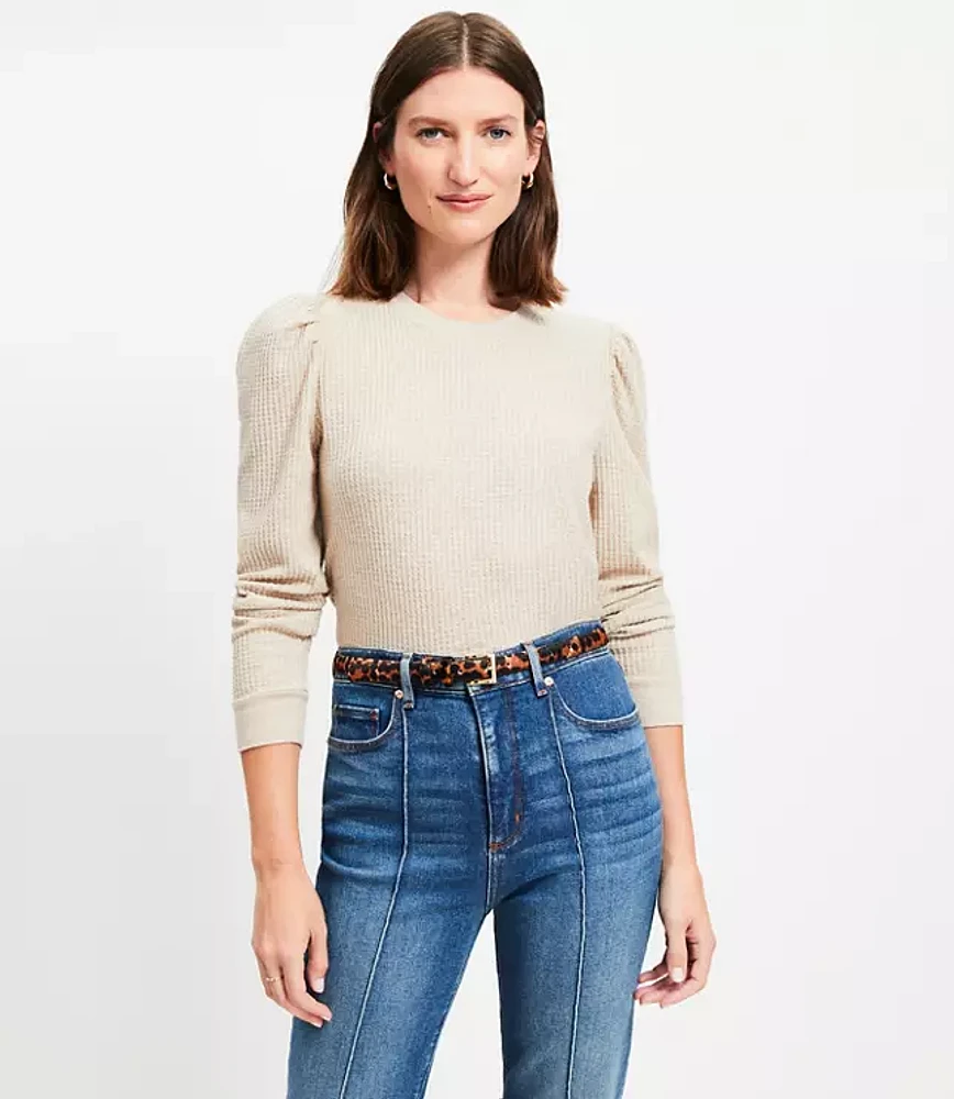 Petite Heathered Brushed Waffle Puff Sleeve Top