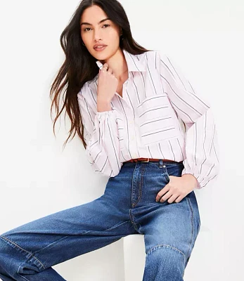 Striped Poplin Blouson Sleeve Pocket Shirt