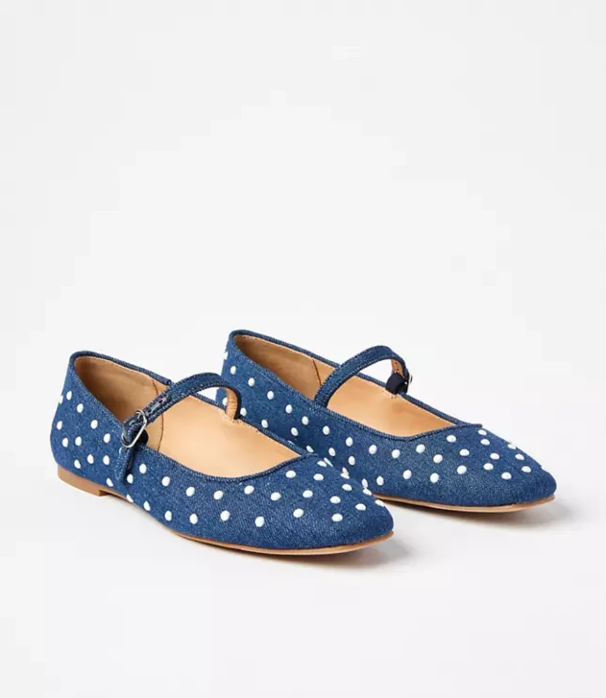 Pearlized Denim Buckle Strap Ballet Flats