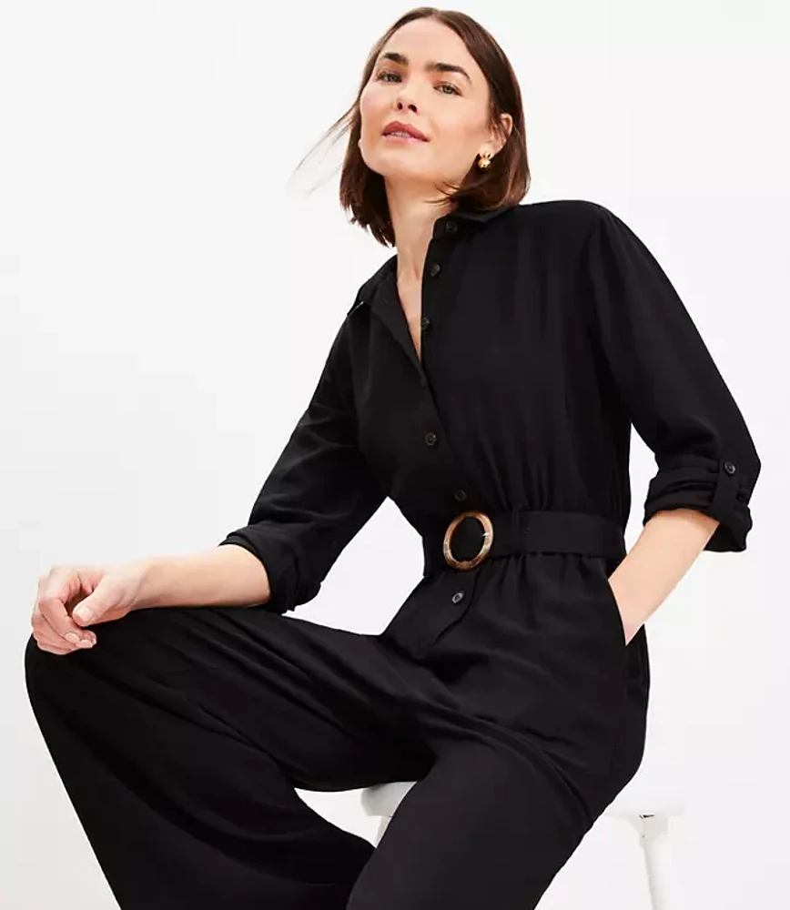 Petite Button Tab Belted Jumpsuit