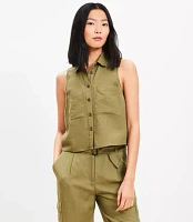 Linen Blend Sleeveless Pocket Shirt