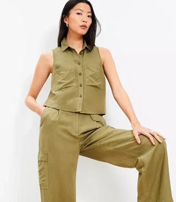 Linen Blend Sleeveless Pocket Shirt