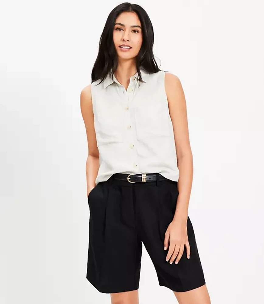 Linen Blend Sleeveless Pocket Shirt