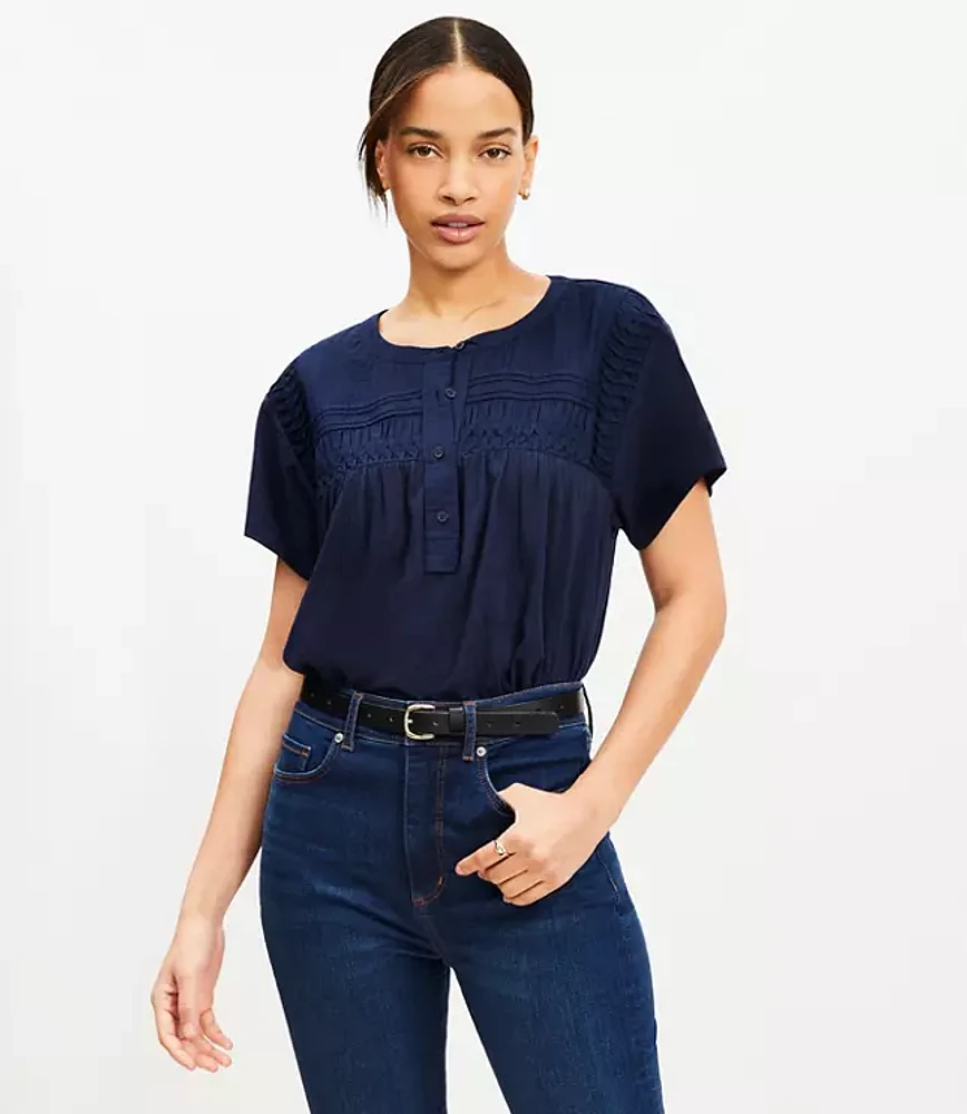 Pintucked Henley Mixed Media Top