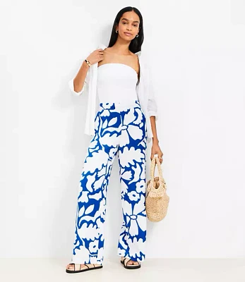Floral Pull On Wide Leg Pants in Linen Blend