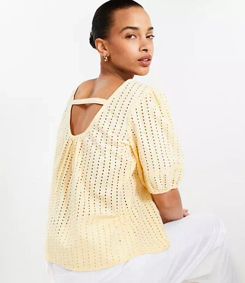 Eyelet Cutout Back Bubble Sleeve Top