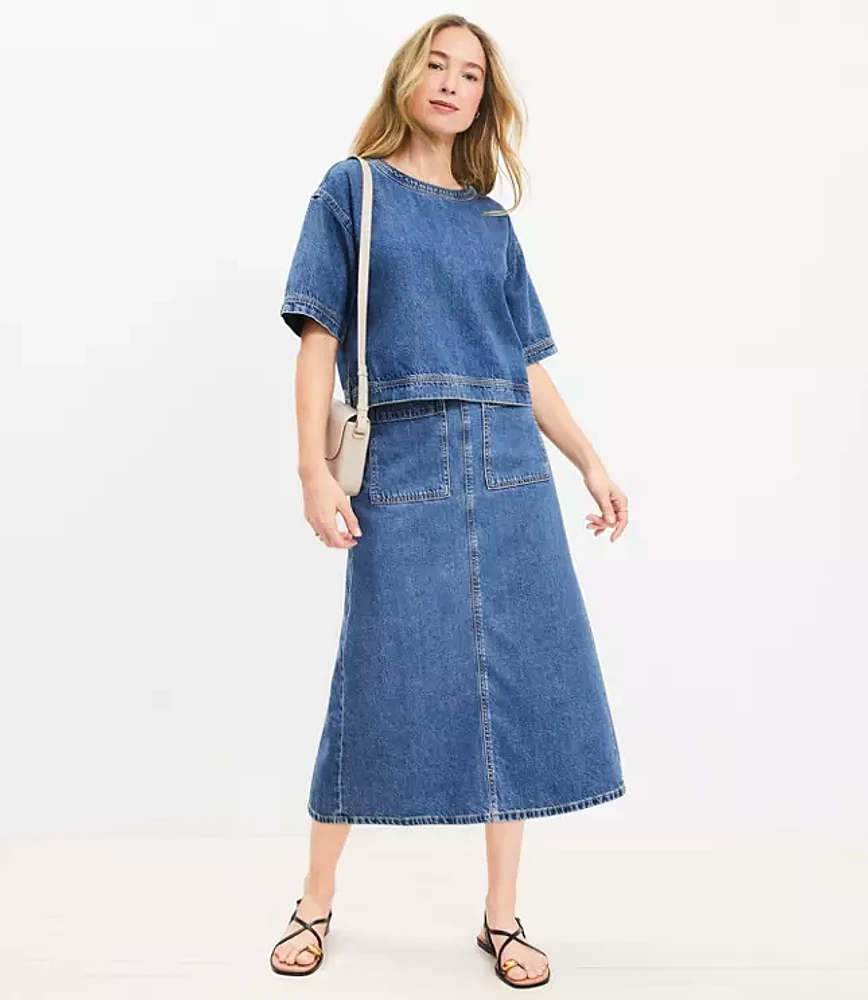 Petite Denim Patch Pocket Midi Skirt Classic Mid Wash