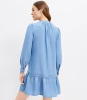 Chambray Tie Neck Flounce Swing Dress