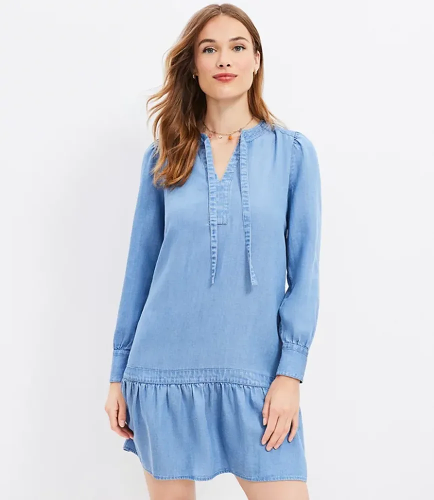 Chambray Tie Neck Flounce Swing Dress