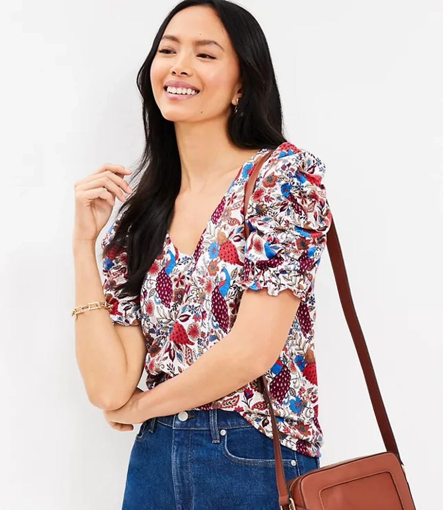 Peacock Ruffle Cinched Sleeve V-Neck Top