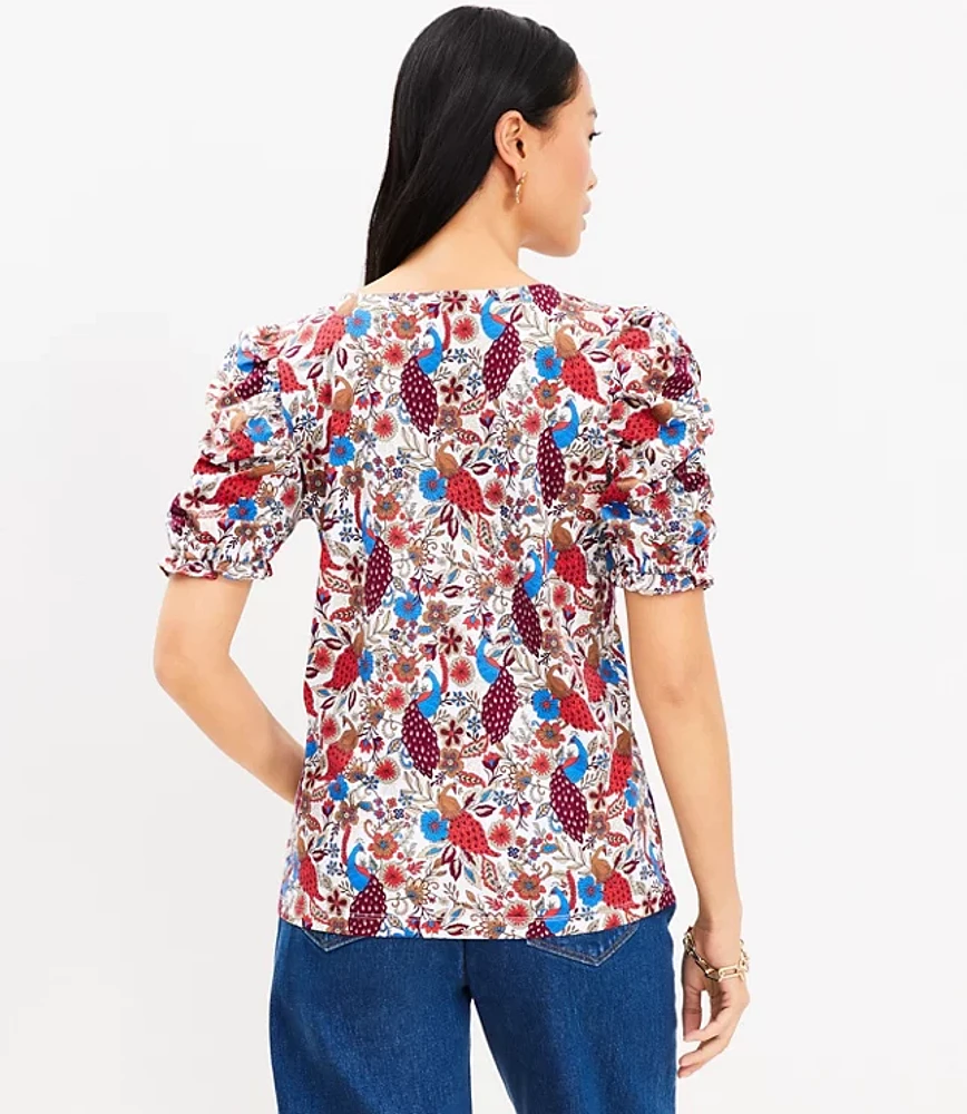 Peacock Ruffle Cinched Sleeve V-Neck Top