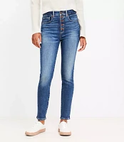 Button Front High Rise Skinny Jeans Classic Mid Wash