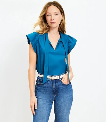 Petite Poplin Tie Neck Flutter Top