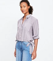 Petite Striped Cotton Blend Side Tie Pocket Shirt