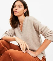 Petite Rib Trim Wide Sleeve V-Neck Sweater