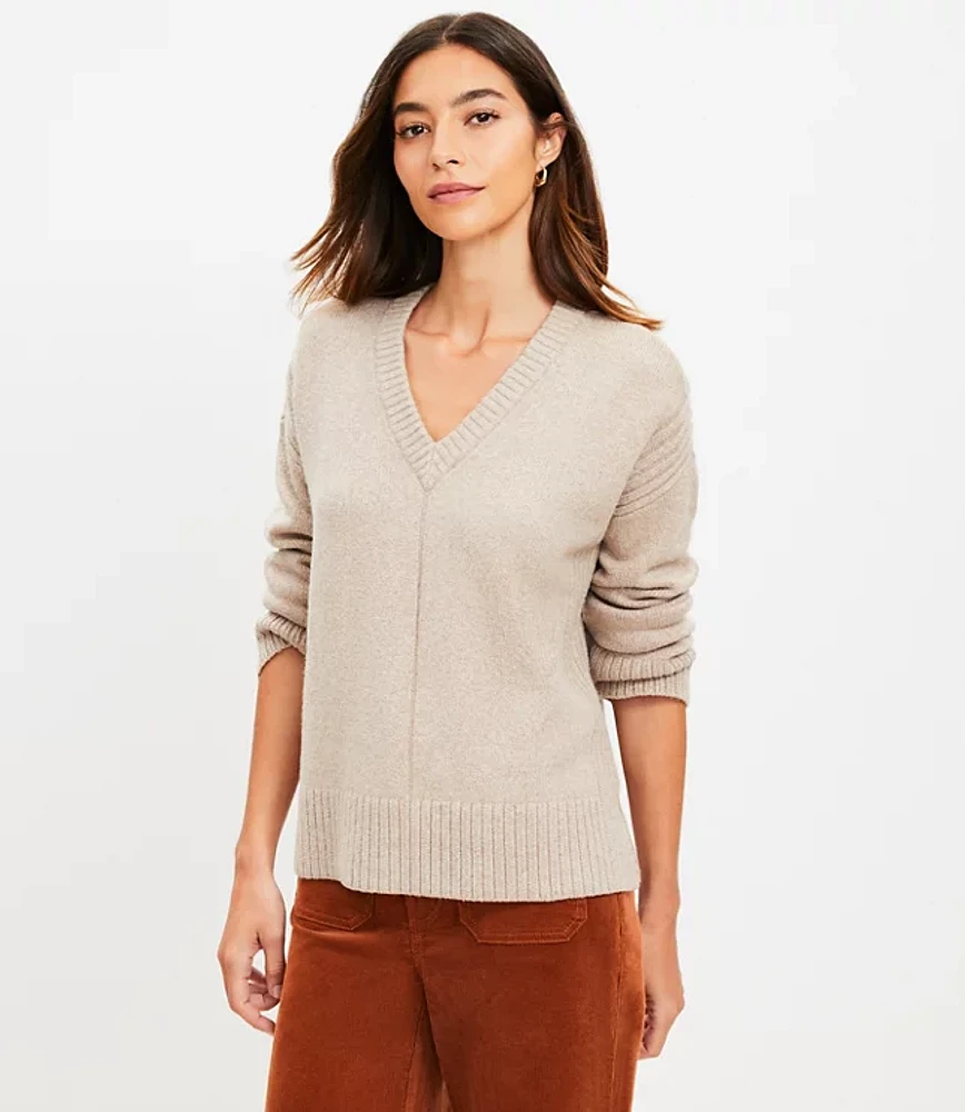 Petite Rib Trim Wide Sleeve V-Neck Sweater