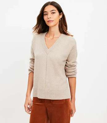 Petite Rib Trim Wide Sleeve V-Neck Sweater