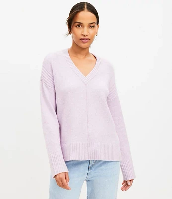 Petite Rib Trim Wide Sleeve V-Neck Sweater