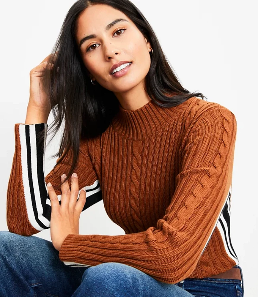 Side Striped Cable Mock Neck Sweater