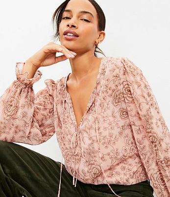 Etched Floral Double Tie Neck Blouse