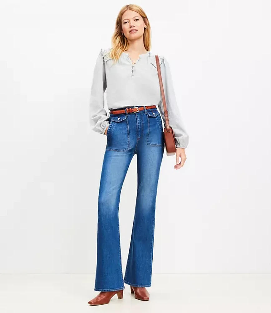 Petite Utility Pocket High Rise Slim Flare Jeans Stone Wash