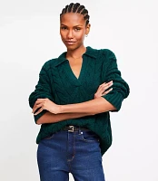 Petite Collared Split Neck Cable Sweater