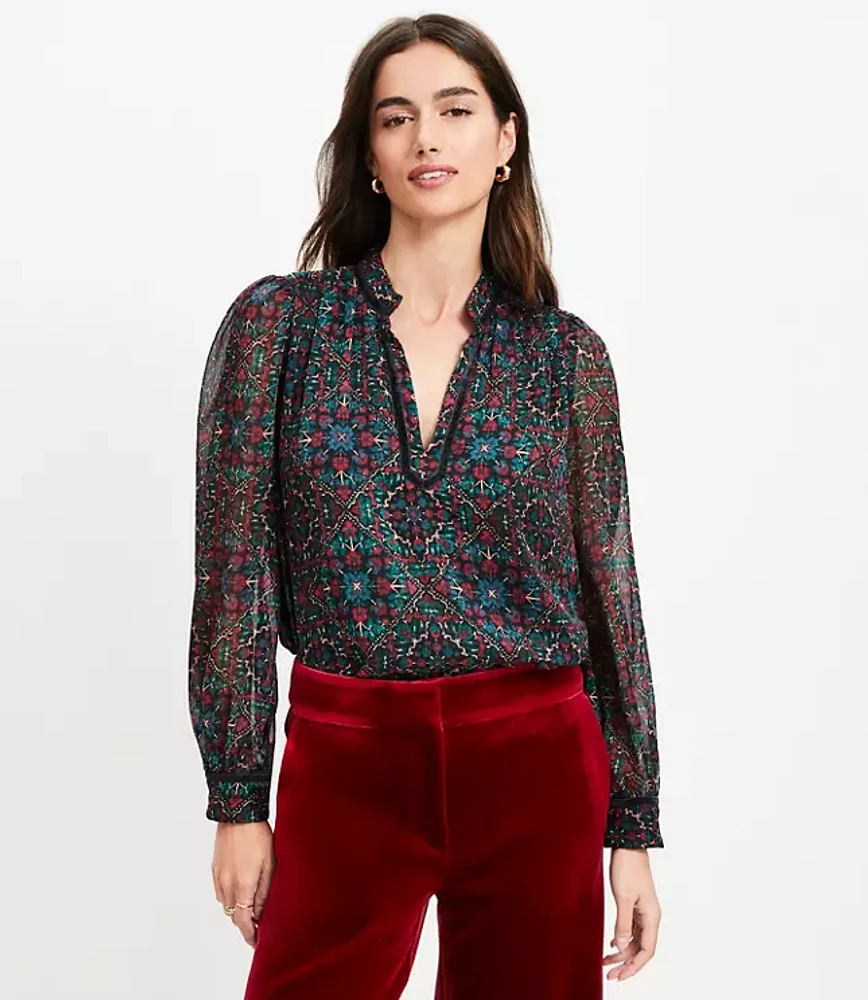 Petite Velvet Trim Ornamental Floral Split Neck Blouse