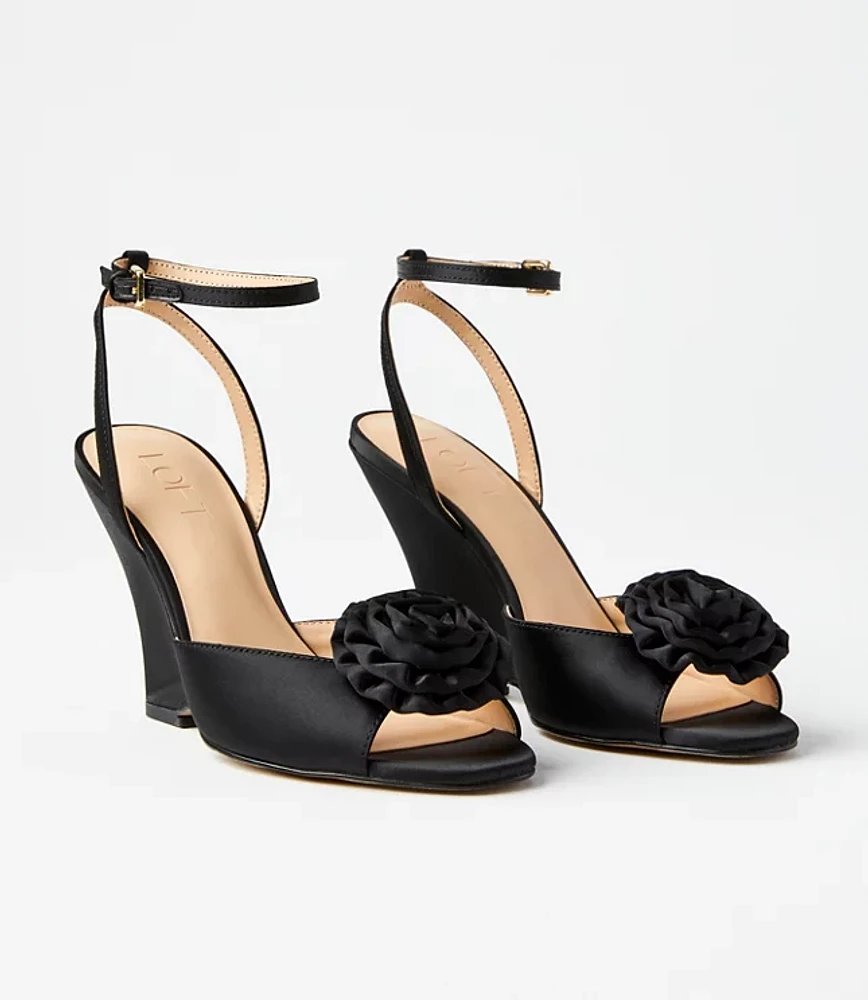 Rosette Satin Ankle Strap Wedge Sandals