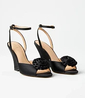 Rosette Satin Ankle Strap Wedge Sandals