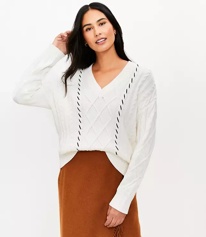 Petite Stitched V-Neck Cable Sweater